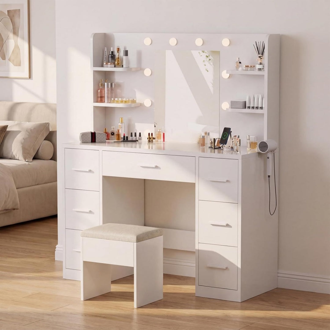 Schminktisch mit Verstellbaren LED-Beleuchtung und Steckdosen Weiß Schminktisch mit Spiegel und 7 Schubladen Fashionabler Frisiertisch Mit 10 LED