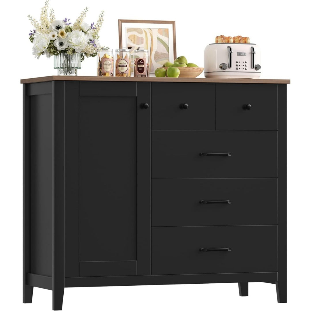 Sideboard mit 5 Schubladen und 1 Tuere Kuechenschrank mit Arbeitsplatte fuer Kueche Schwarz holz 100x94x40 cm Esszimmer Wohnzimmer