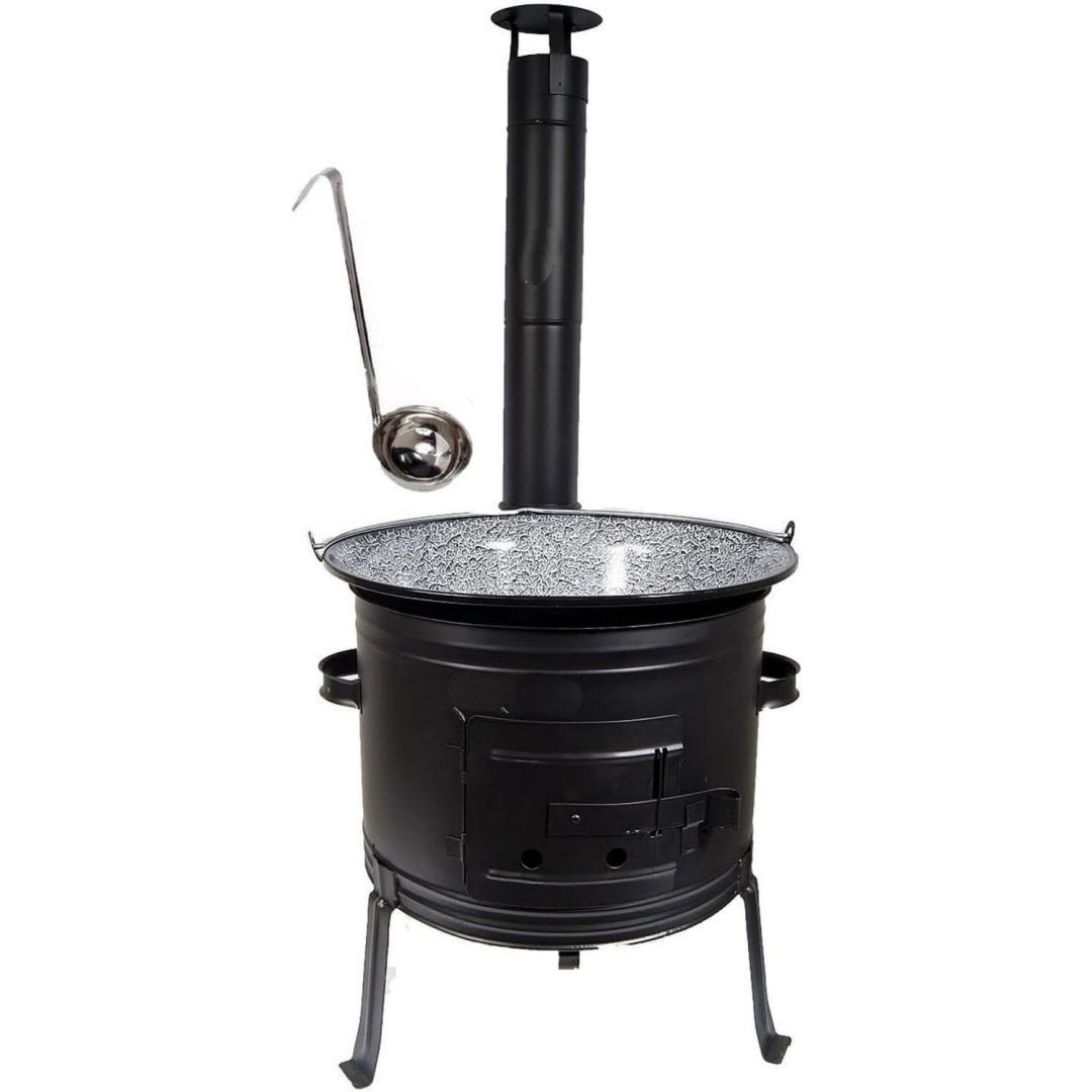 Set Ungarischer Ofen 39 +Gulaschkessel 30 Liter + GRATIS Schoepfloeffel Gulaschkanone Suppenkessel Schwarz