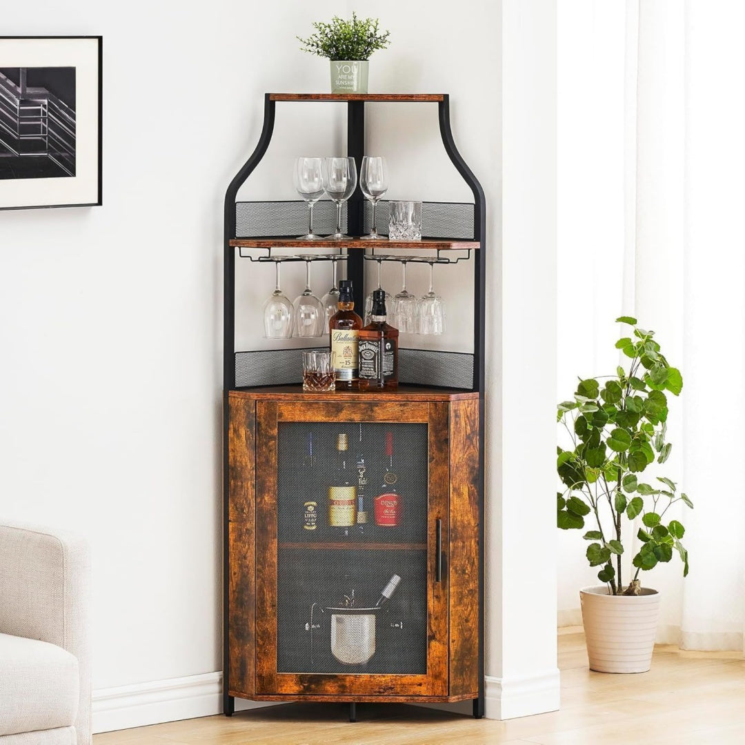 Weinschrank Eckschrank mit Arbeitstisch Braun holz 152X90x32cm Weinschrank mit 5 Ablagefaecher Und 2 Glashalterund Netztuer fuer Kueche Wohnzimmer