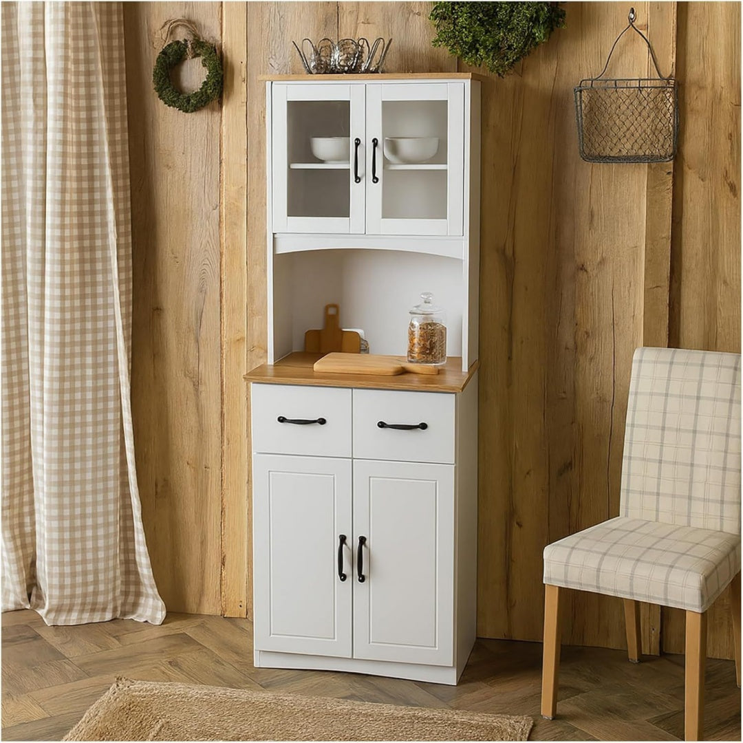 HTI living Eleganter Kuechenschrank mit Glasvitrine Landhausstil Buffetschrank Anrichte Weiß