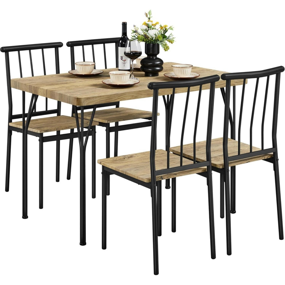 Yaheetech Essgruppen Esstisch mit 4 Stuehlen Braun Esszimmergruppe Rechteckig Kuechentisch-Set mit 4cm Dicker Tischplatte 5er-Set Tischgruppe fuer 4