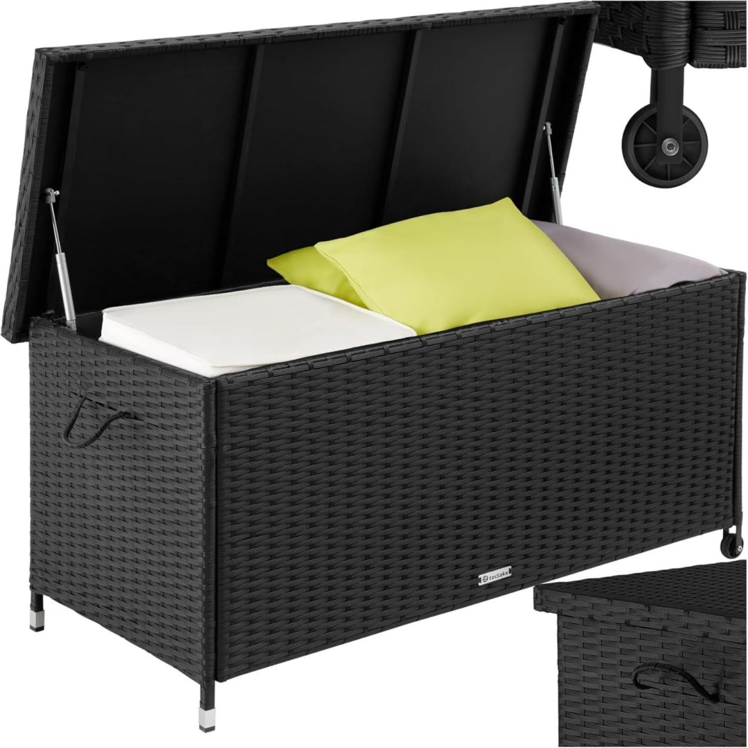 Poly Auflagenbox wetterfest Schwarz rattan abschliessbare Box mit Deckel outdoor Aufbewahrungskiste mit Innentasche