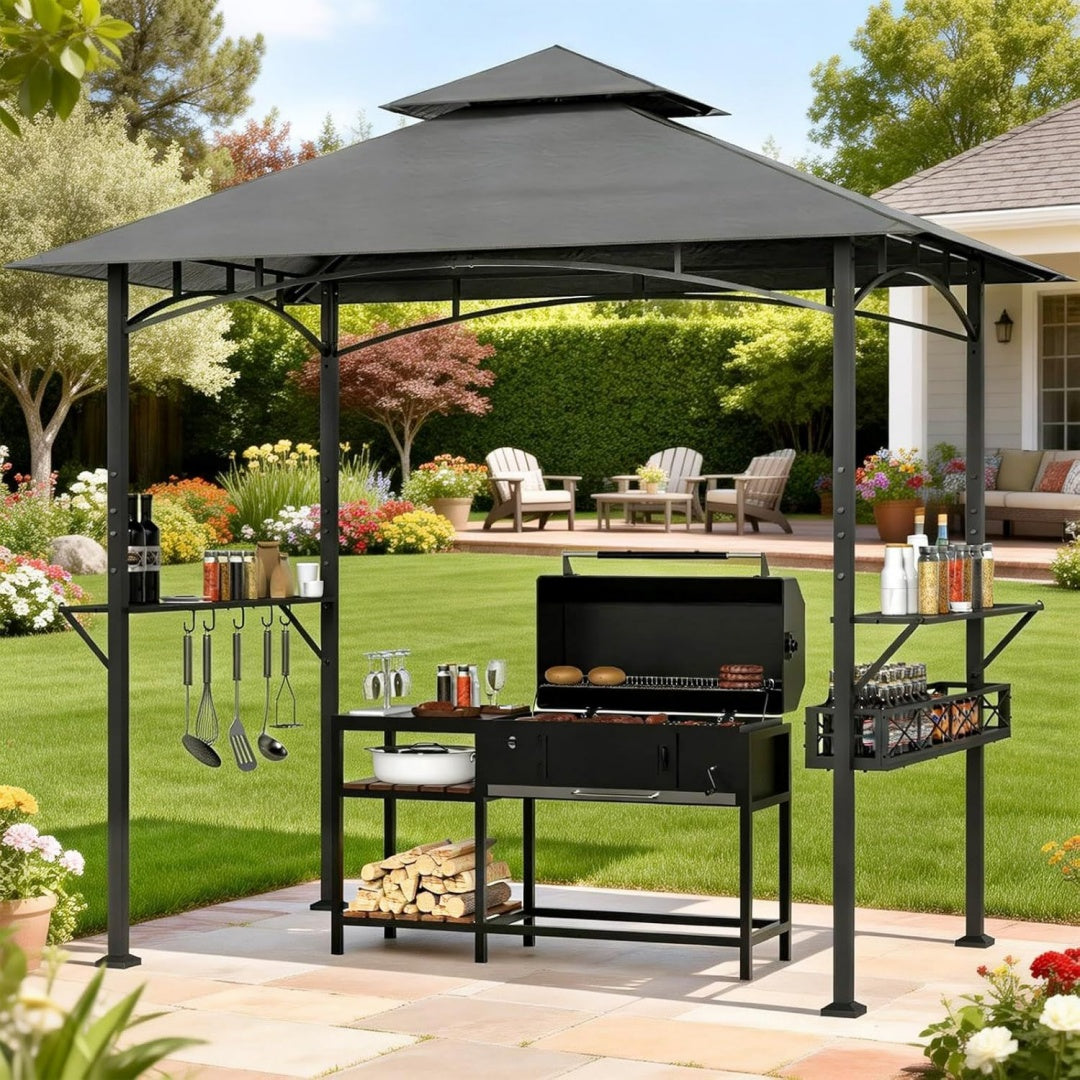 Grillpavillon mit Metallkorb Grau 244x151x260cm Seitenregalen Haken