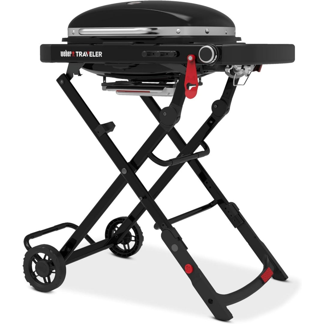 Traveler Compact Gasgrill Klappbares Design mit Raedern Schwarz 52 x 36 cm Autom. Deckelarretierung und Deckelthermometer 1 Brenner