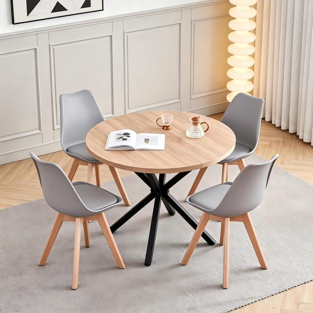 Essgruppe Set Runder Tisch 100 cm mit 4 Skandinavische Stuehle Grau Massivholz-Buchenbeine aus Kunstleder-Sitzkissen fuer Kueche Esszimmer