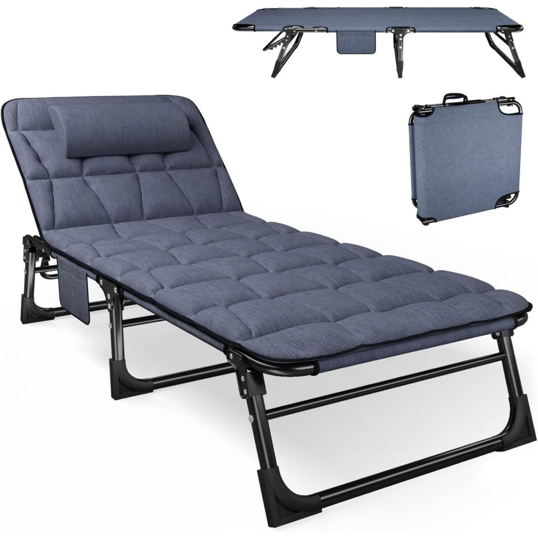 ATORPOK SHOP klappbare Sonnenliege mit 4 Positionen verstellbaren Rueckenlehnen Blau tragbare vielseitige Campingbett-Liegestuhl-Kombination fuer