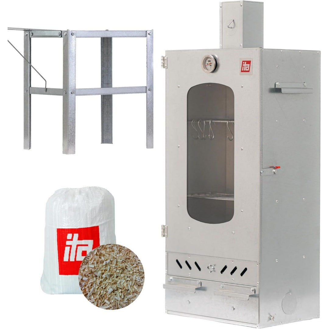 ITA Raeucherofen 7012 - Smoker Set mit Tisch Raeucherspaenen - Raeucherschrank mit 3 Etagen - Legierter Stahl mit Sichtfenster Kaminabzug - Qualitaet