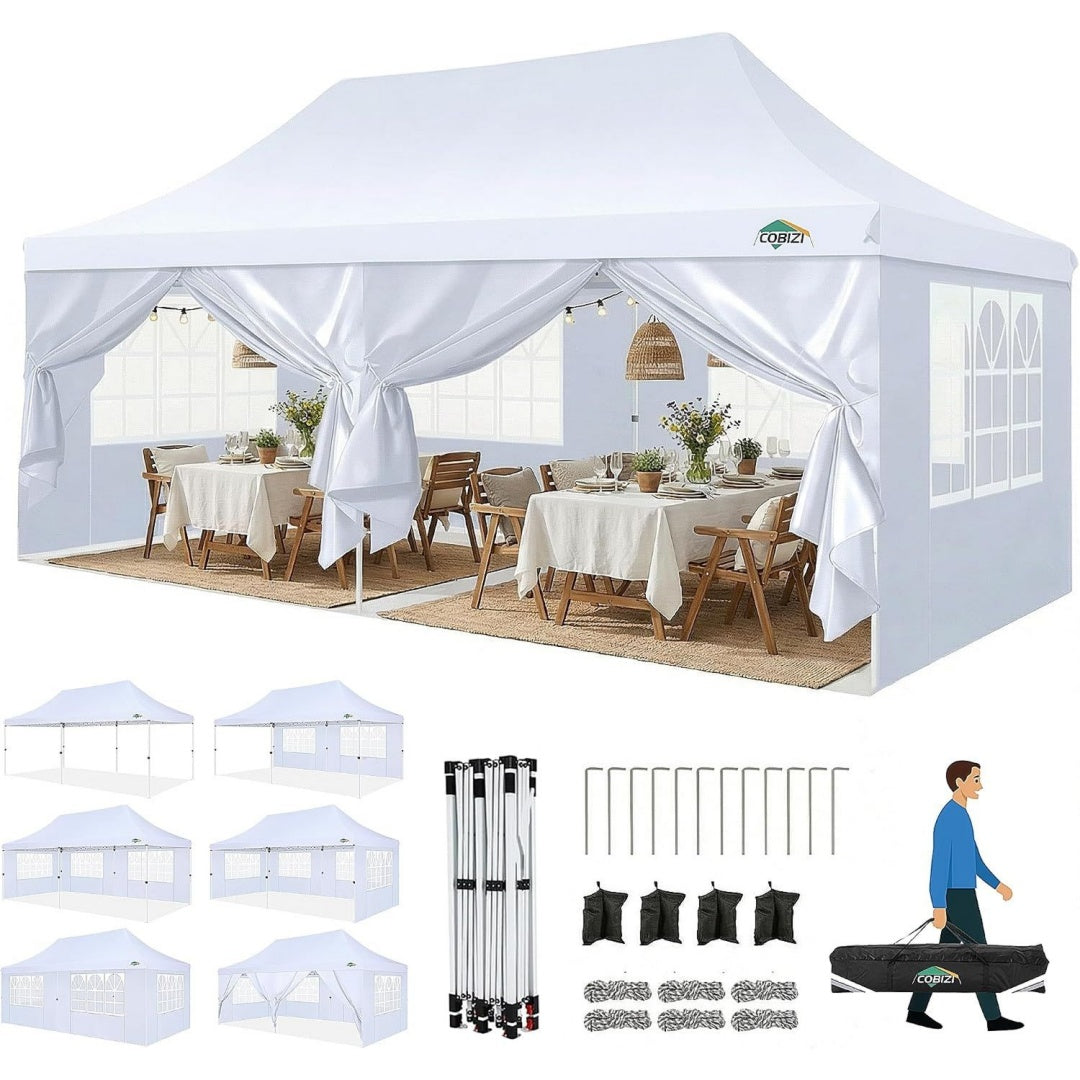 Faltpavillon Weiß 3X6 Pavillon Wasserdicht Stabil Winterfest Faltbar Partyzelt mit 6 Seitenwaenden 4 Sandsack Pop up Gartenpavillon Anti-UV fuer