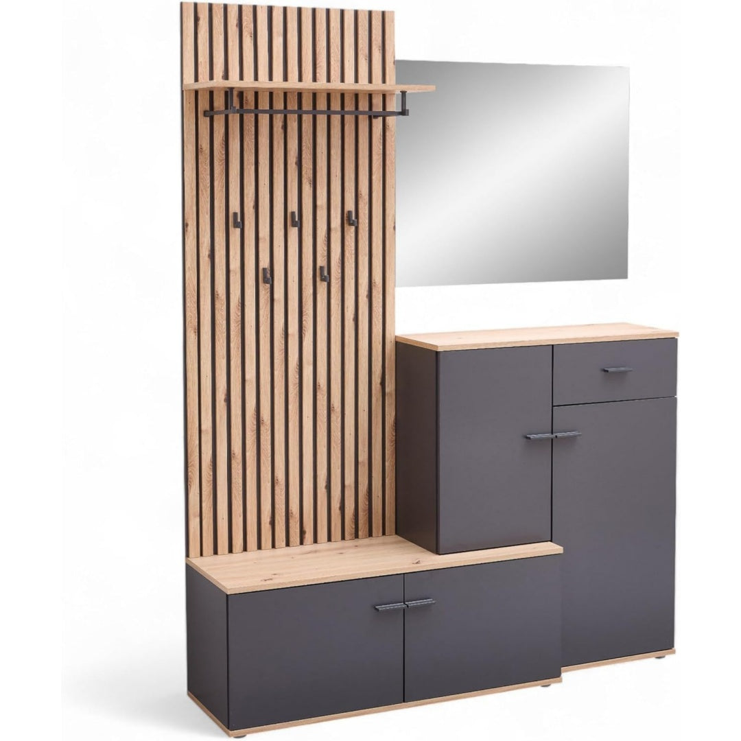 FYNN Flurgarderoben Set Artisan Optik Kompaktgarderobe (B/H/T) Garderobe anthrazit eiche 148 x 199 x 38 cm mit Spiegel Wandpaneel