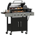 4+1 Brenner Propangasgrill mit Seitenbrenner Schwarz edelstahl 49.000 BTU-Gasgrill Aussengrill mit Gusseisenrosten und Seitentischen fuer den Garten