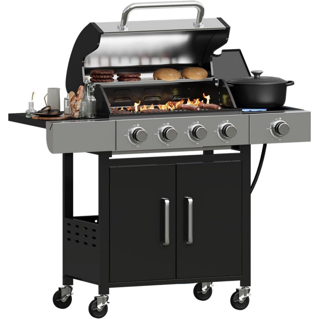 4+1 Brenner Propangasgrill mit Seitenbrenner Schwarz edelstahl 49.000 BTU-Gasgrill Aussengrill mit Gusseisenrosten und Seitentischen fuer den Garten