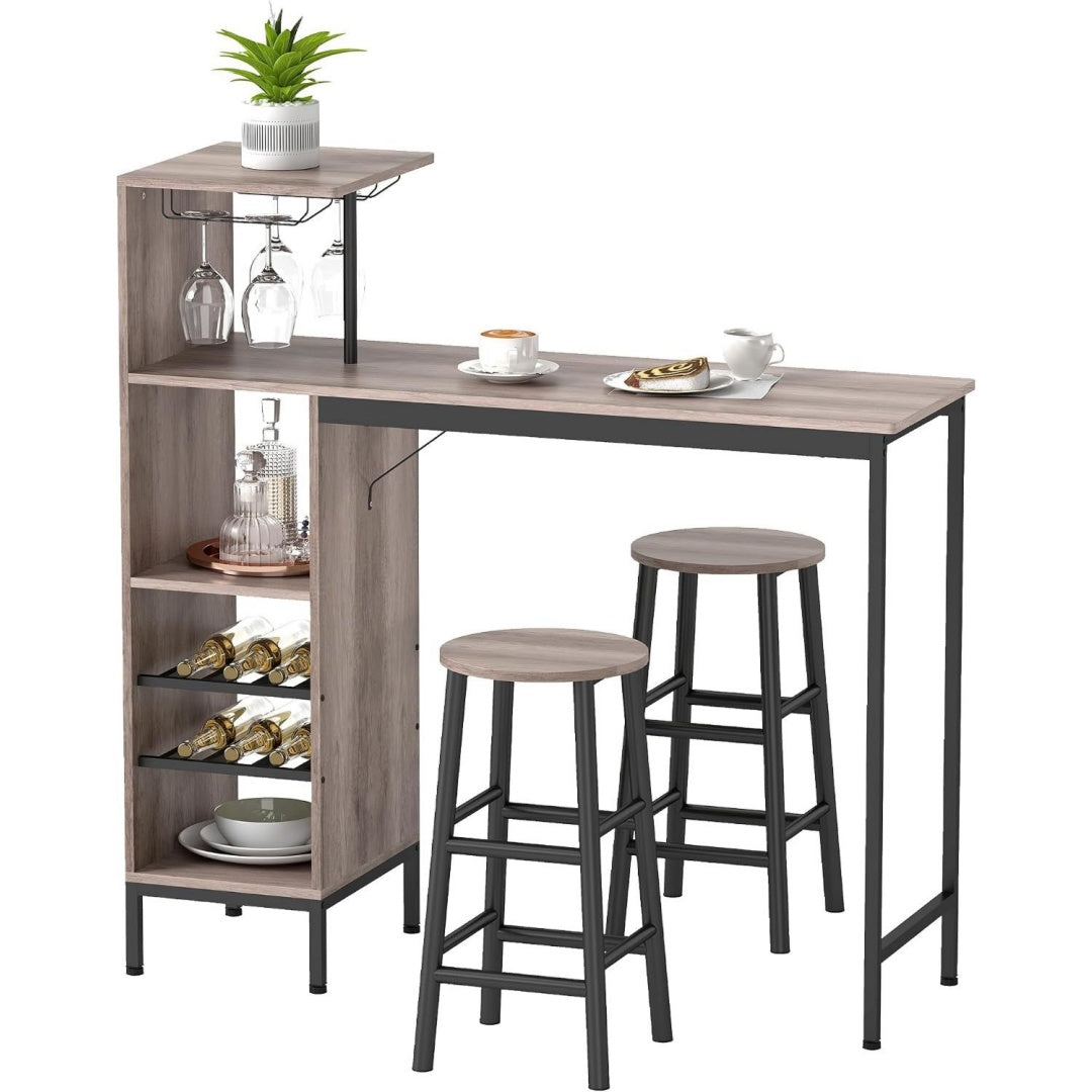 Bartisch mit Barhocker Set mit 2 Stuehlen Grau Fussstuetze Tresentisch