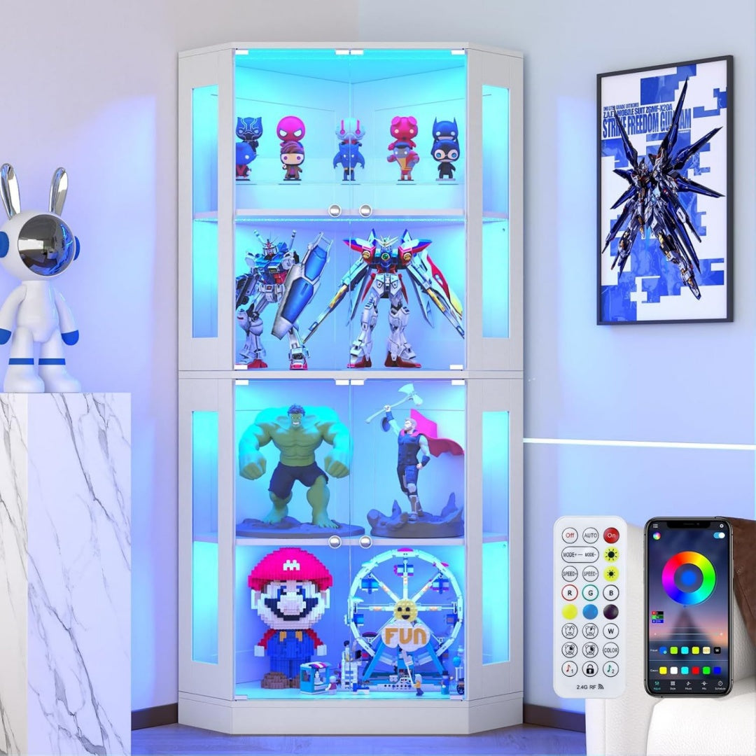 Eck-Vitrine 165cm mit LED-Beleuchtung Intelligente Sensorik 4-stufige Schauvitrine Weiß Glasvitrine fuer Wohnzimmer Buero Sammlerstuecke Spirituosen