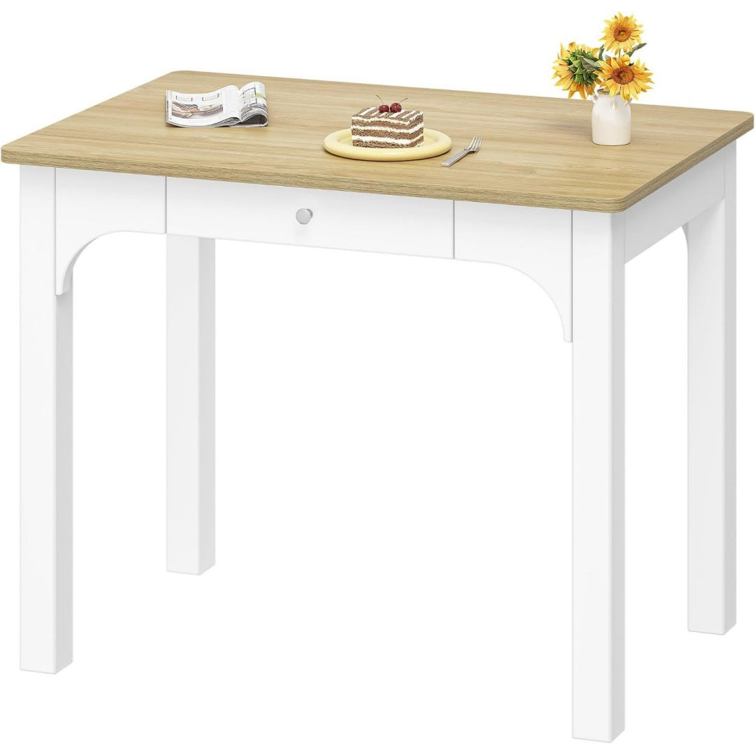 Esstisch in Holzoptik Weiß 50 x 80 x 75 cm Mit Schubladen Beine aus Massivholz