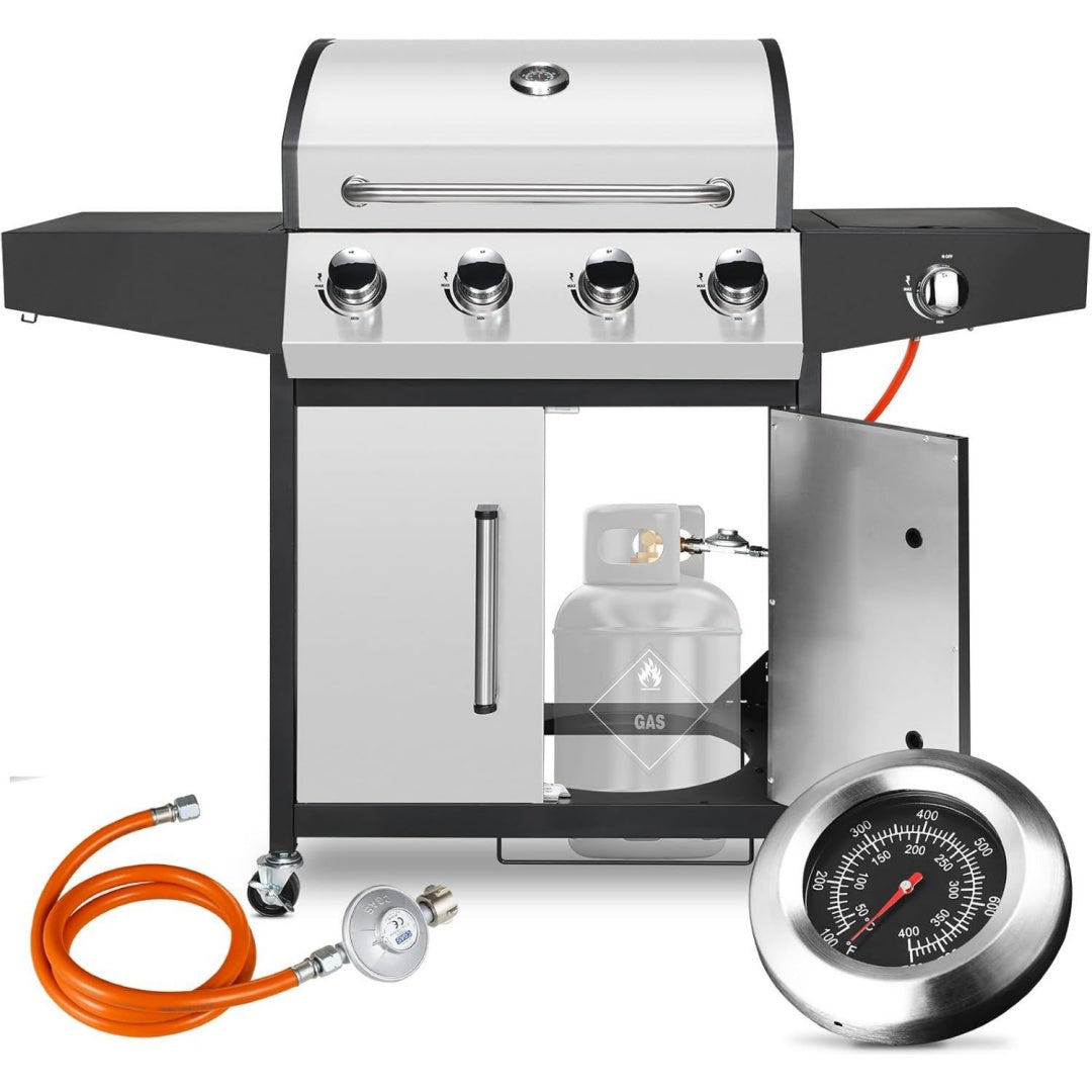Gasgrill 4+1 Brenner 15 kW mit I3B/P(50) Gasdruckregler Gas Grillwagen BBQ mit Seitenkochfeld edelstahl Gasgrills mit Thermometer 4 PCS Bremse Rollen