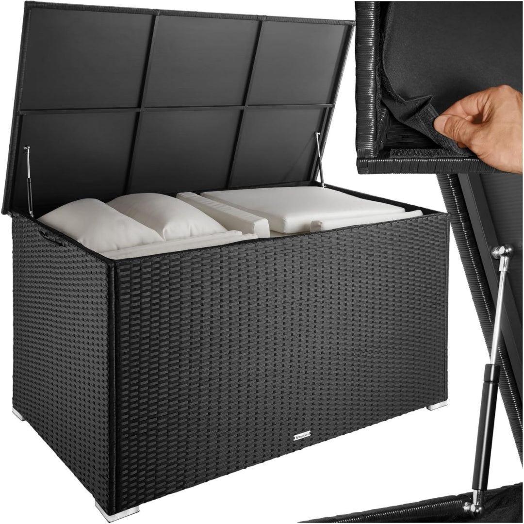 Aluminium Aufbewahrungsbox mit Deckel Schwarz polyrattan 145x82,5x79,5 cm Gartenkiste wetterfest Gartenbox mit Gasdruckfedern