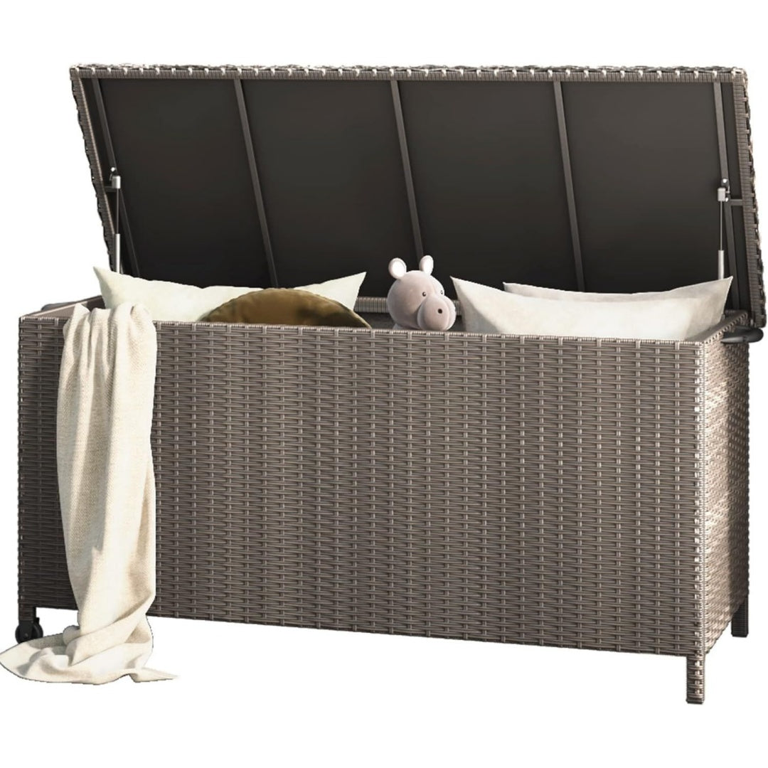 Grand patio Auflagenbox 480 Liter Gartenbox mit Deckel und Gasdruckfedern Rot rattan UV-bestaendig Aufbewahrungskiste mit Zwei Radern Leicht Bewegen