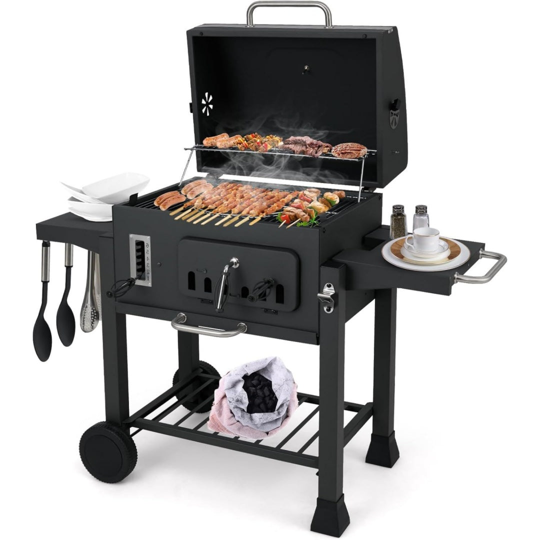 Holzkohlegrill mit 2 klappbaren Seitentischen Raedern Grillwagen mit 6-fach-Holzkohlebehaelter Ablagefach
