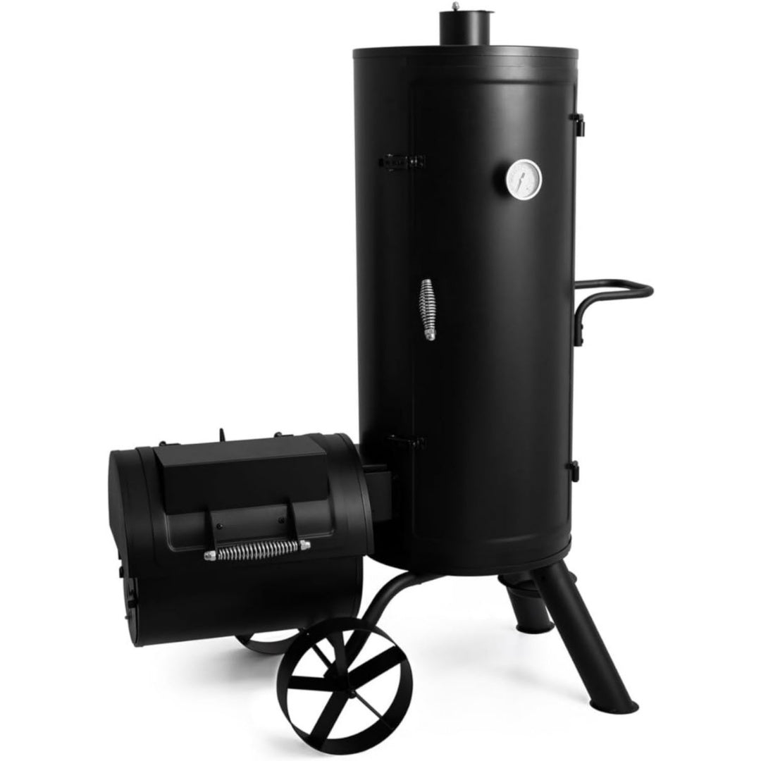 Kansas BBQ Schwarz grosse Raeucherkammer mit Grill eingebautes Thermometer