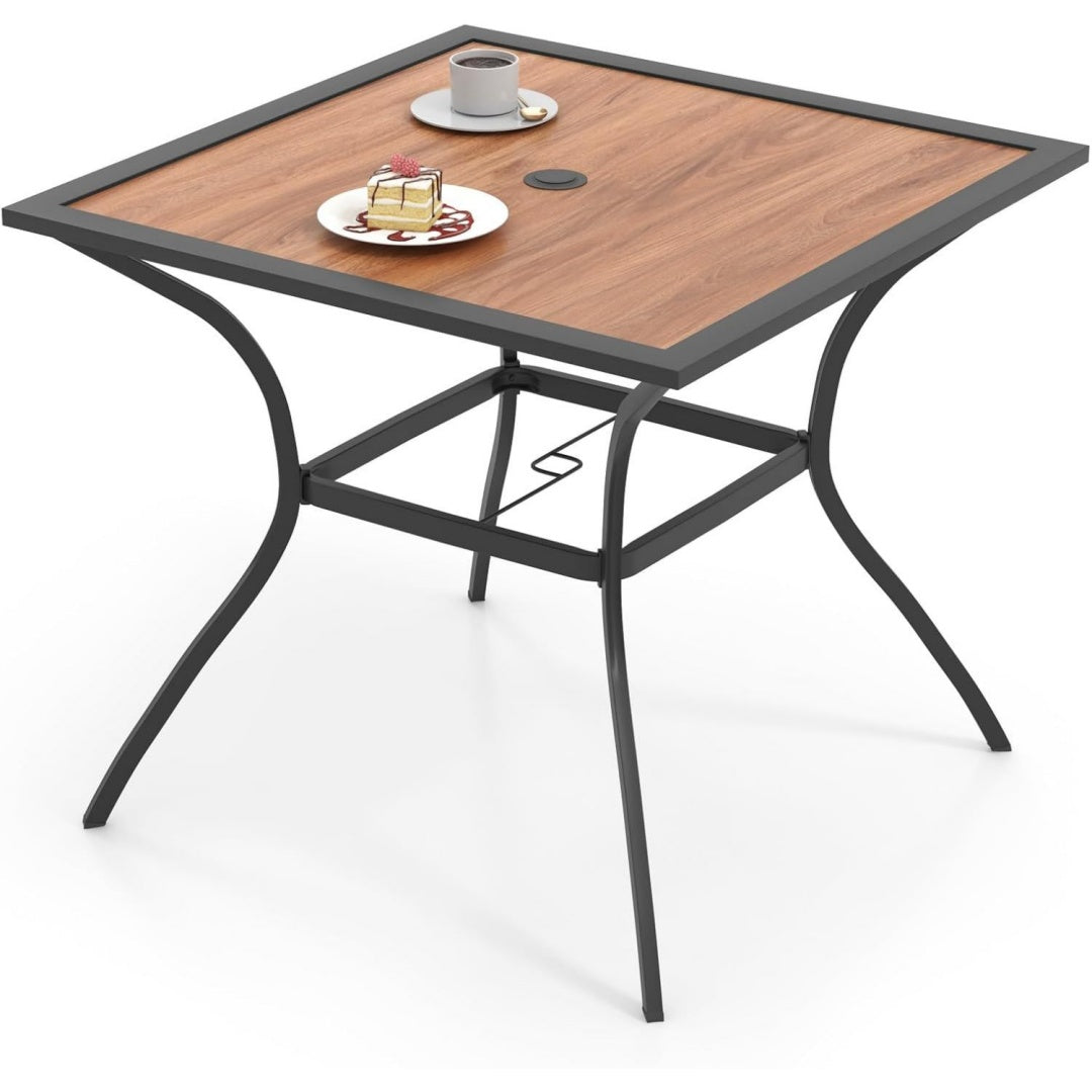 Gartentisch Wetterfest mit Schirmloch Grau 85x85 cm Terrassentisch mit Tischplatte in Holzoptik Balkontisch fuer 4 Personen