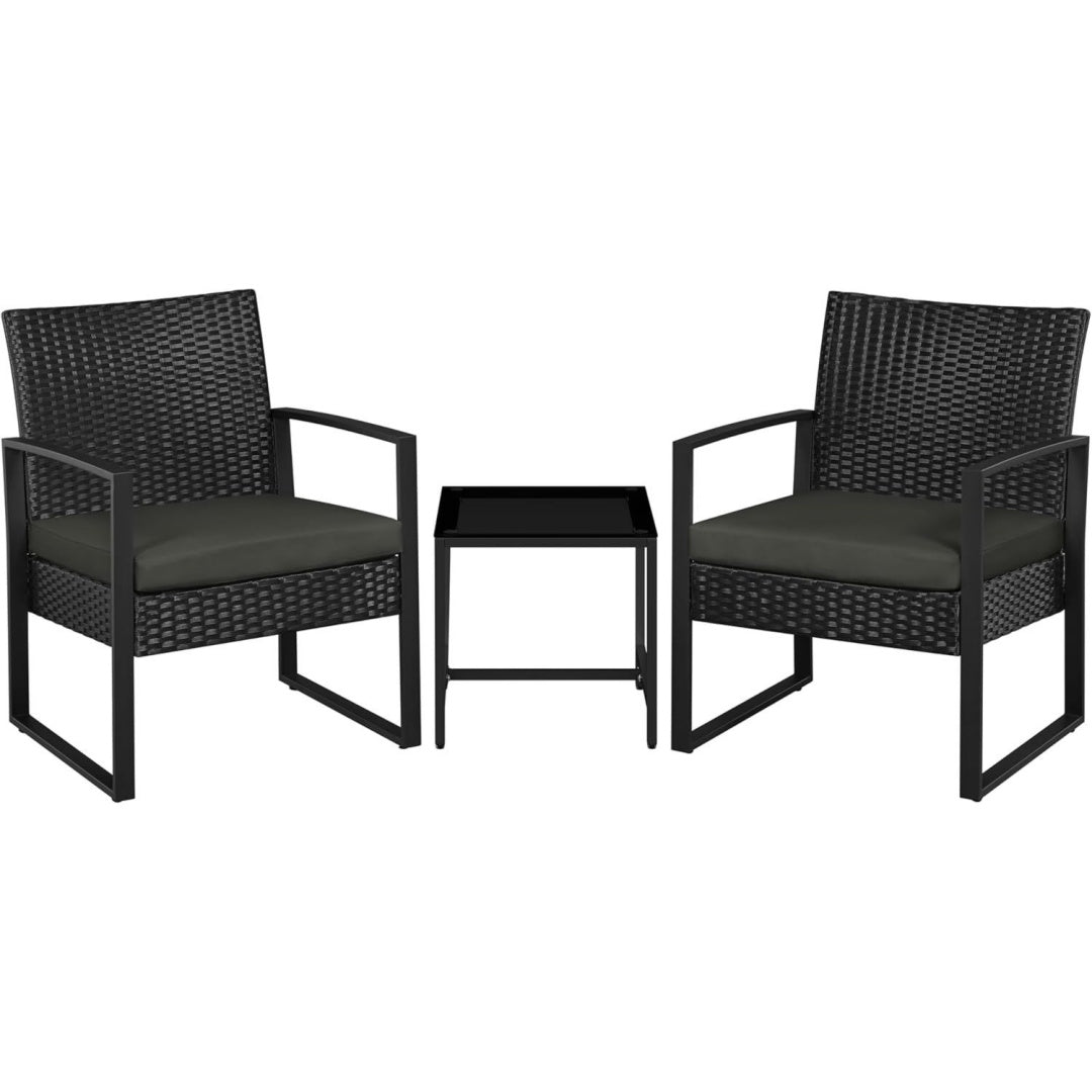 Yaheetech 3-teiliges PE- -Gartenmoebel-Set mit Kissen Schwarz grau inkl. Stuehle mit Sitzkissen Tisch Sitzgruppe Lounge Set fuer